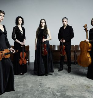 The Ballot Quintet consisting of 4 female musicians and one male musician, each with an instrument in hand.