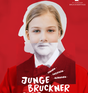 Plakat der jungen Brucknertage, Mädchenkopf mit Brucknersprofil