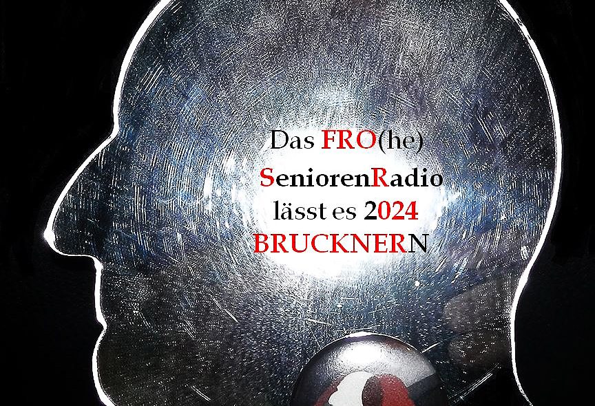 Bruckners Profil mit Titel der Veranstaltung darin und dem Brucknerlogo