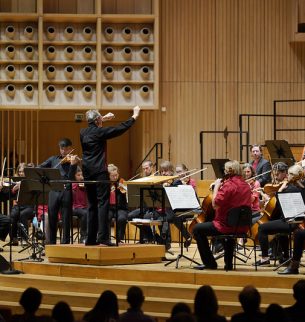 An orchestra is led by a conductor who stands with his back to the audience.