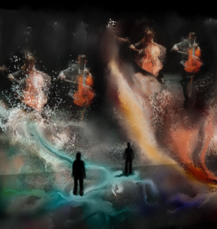 Ein dunkler Raum, auf dessen Wand und Boden vier schemenhafte Cellisten abgebildet werden, die von Farbspritzern umgeben sind. Es stehen vier Personen im Raum, die gebannt auf die Projektion starren.