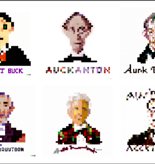 6 digital pixelated Bruckner heads in different colors and designs.